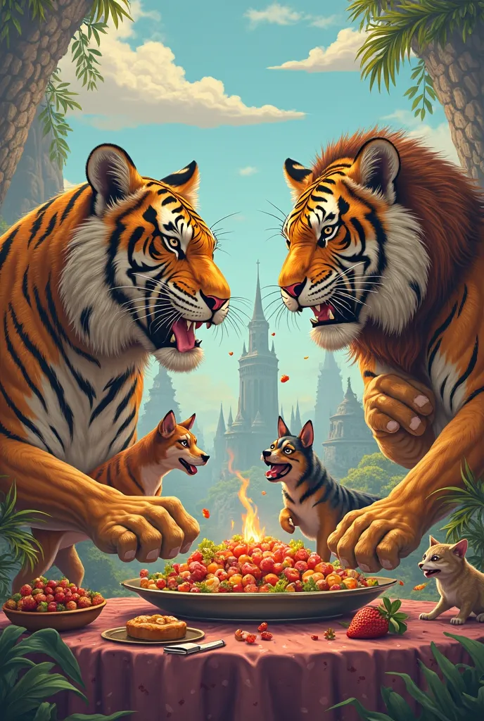 Characters with tiger lion vs cat dog food for tiger and lion 