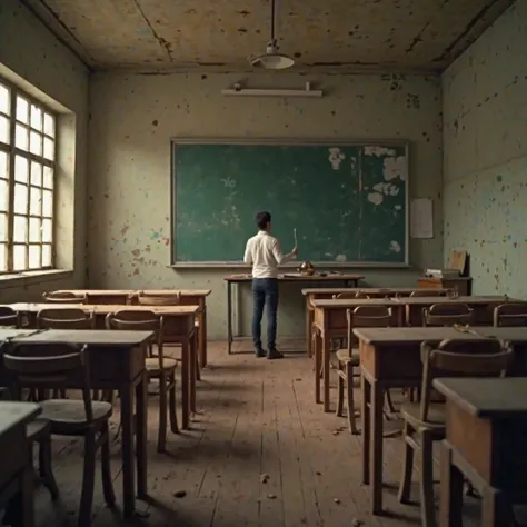 Scene of an old classroom with worn wooden tables and chairs, stained walls, and dim light coming through the windows.
Mr. Nam is 22 years old and has just graduated. He is teaching a lesson
3D animation