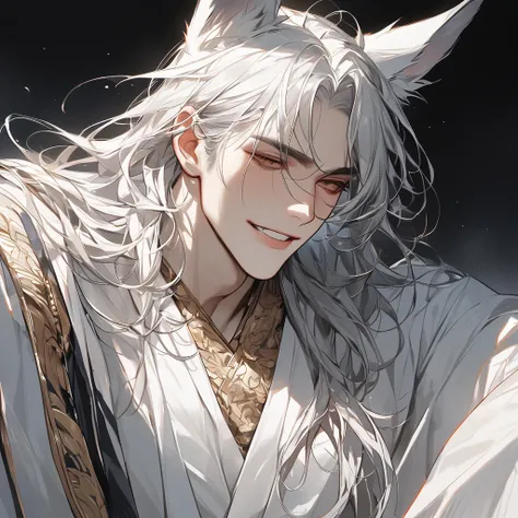 Hi-Res, masterpiece, anatomically correct, accurate, Best Quality, high definition model, very detailed, Ultra High Definition, 陶器のような肌 繊細な色使い handsome 成人男性  Silver Hair 髪は長い, White kimono with a golden pattern The composition of wearing a kimono is the up...