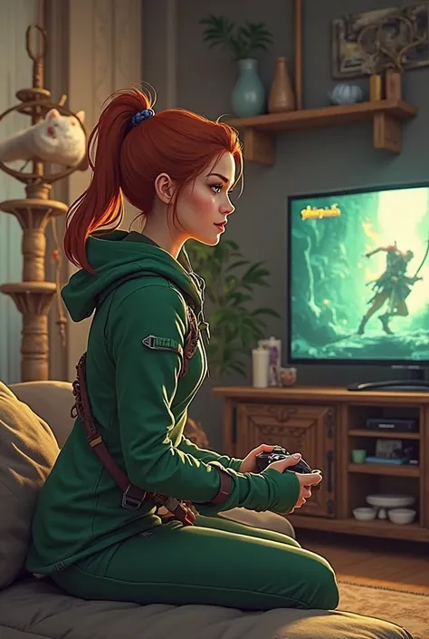 The female version of Robin Hood playing video games with a cat tree in the background.