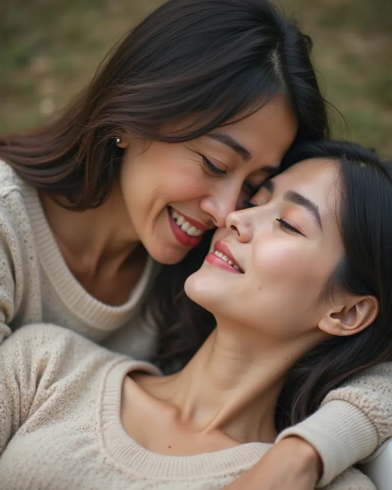 A close-up image of two women.  One woman who is mother of other woman her face is off camera, middle-aged, with dark brown hair, is gently resting her forehead on the head of a younger women who is in her mid thirties and has pakistani medium skin tone . ...