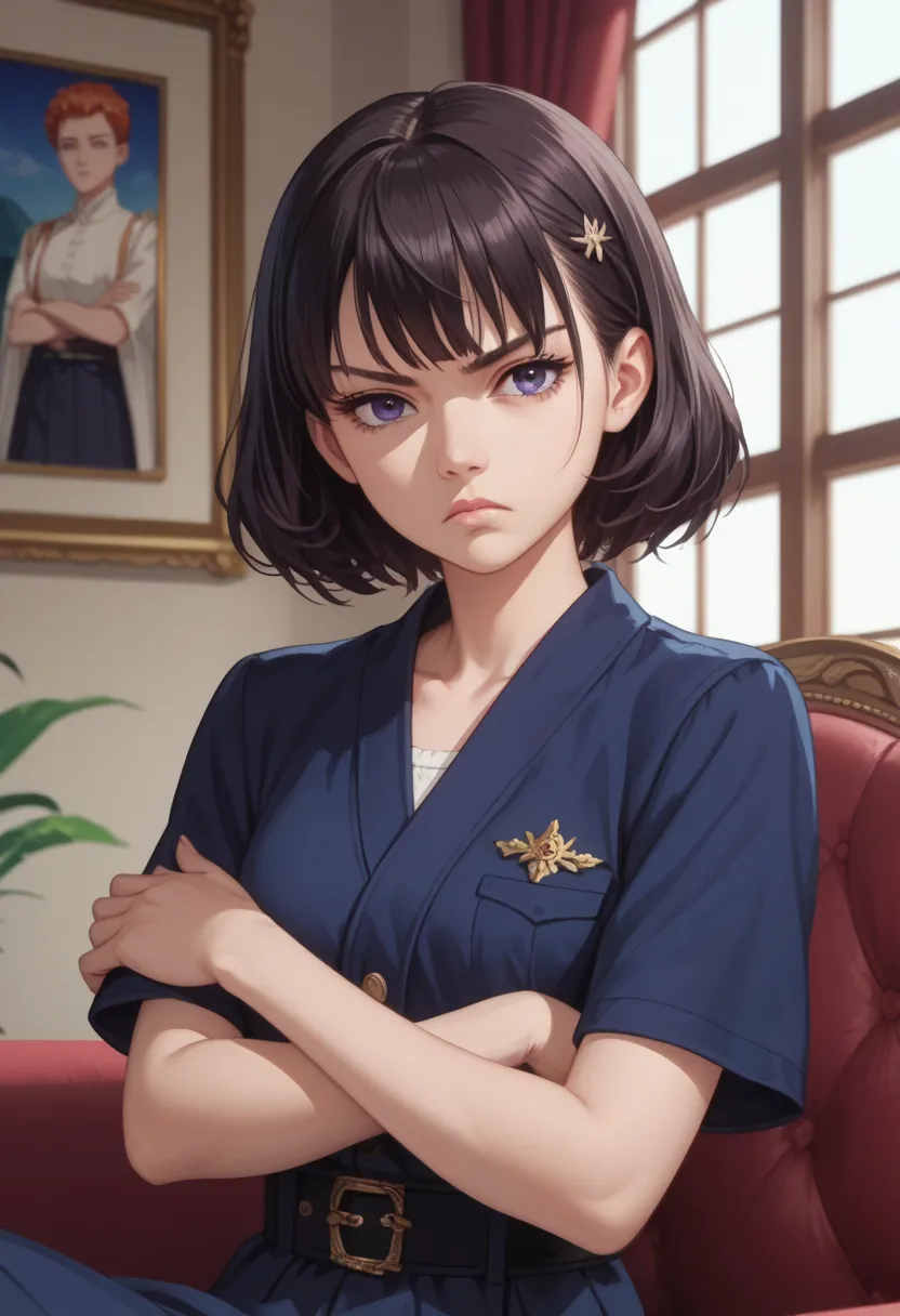 score_9, score_8_up, source_anime, very aesthetic, anime screencap, anime coloring, portrait, 1girl, sitting, crossed_arms, detailed_eyes, perfect_eyes, serious_expression, indoors