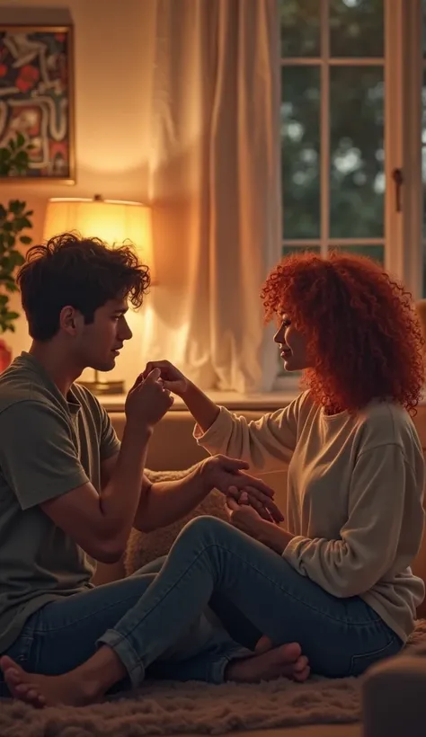 photographic,A cozy living room setting, two people sitting together engaged in a heartfelt conversation. One person, with curly red hair and a petite build, is reaching out with a comforting gesture. The other person has straight black hair and a medium b...