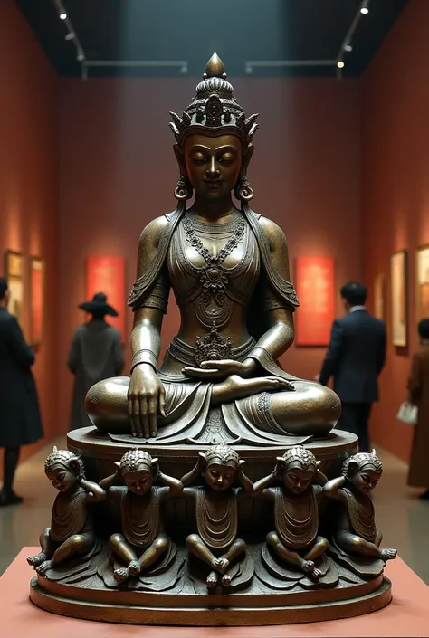 An elaborate bronze statue of Hārītī, sitting with several ren around her, with peaceful facial expressions and detailed garments in the museum. Sitzende Hariti
