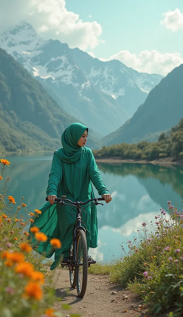 photo like original, A girl in hijab , beautiful,riding a bicycle ,on a mountain background,Many flowers,4k image , clean image ,indonesia,realistic