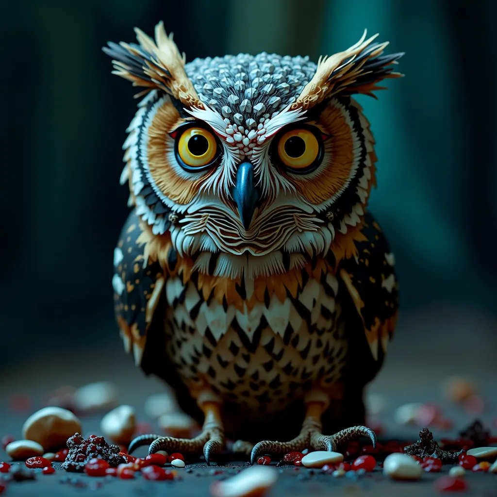 Duolingo owl zombie, fallen pieces of flesh, Visible bones, strabismus, Funny look,High detail,hyperrealistic,professionally,concept art,4K,photographic accuracy, deep shadow , cool tones ,stylish lighting,dramatic mood