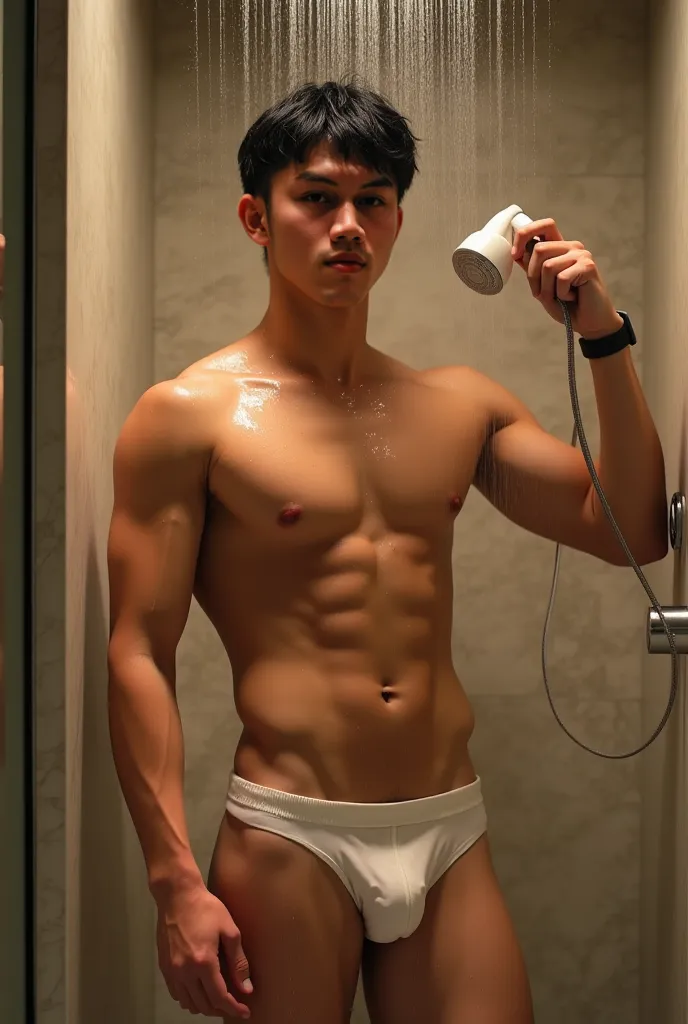 A young, fit Asian man with short black hair and a muscular, well-defined body. He is standing in a modern shower with marble walls, holding a handheld showerhead. His skin glistens with water droplets as warm lighting highlights his toned abs and strong a...