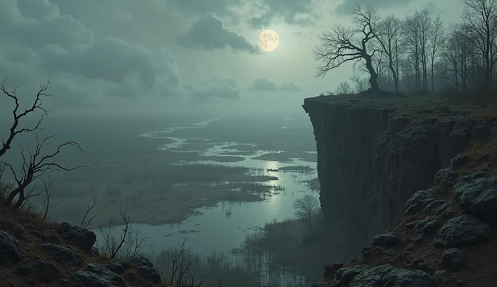 View of the swamps from the top of the cliff. Mystical atmosphere. Gray twilight sky. Dramatic.