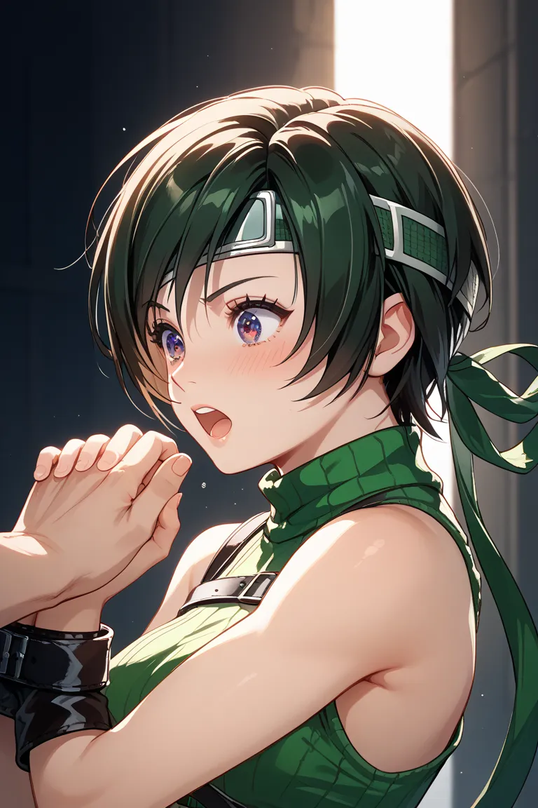 Final Fantasy７、Yuffie、anime、cute、both hands are restrained、with both hands raised、 side is visible、There are men 、I can see a man's hand、男性の手がYuffieの服を脱がせる、surprised expression