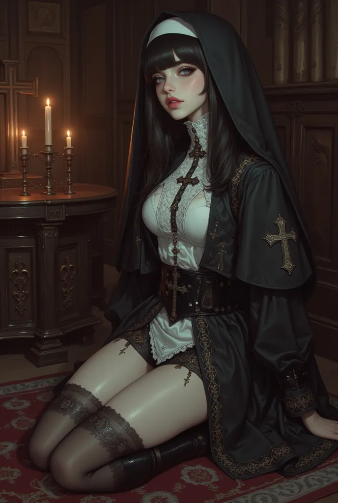  This is extremely detailed , 人体の構造に忠実in正確な低身長の女性、A digital illustration of a woman wearing a nun costume that is young and covers her entire body that closely adheres to the skin,  A black cross drawn on her chest with plump lips , フォトリアリスティックなスタイルin.  被写...