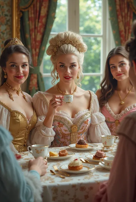 Imagine Marie Antoinette drinking tea with her friends while taking a picture looking at the camera 