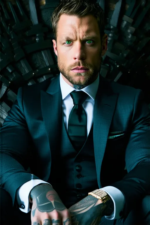  handsome man, Serious-faced with green eyes, tall, stocky, tattooed, Dressed in a suit sitting on a throne like the one in the movie Game of Thrones 