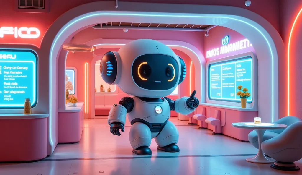 A fun and quirky sci-fi café designed inside a giant, friendly robot with a cartoon-like face and expressive LED eyes that change with different moods. The robot sits in a welcoming pose, with one arm forming an archway over the entrance and the other hand...