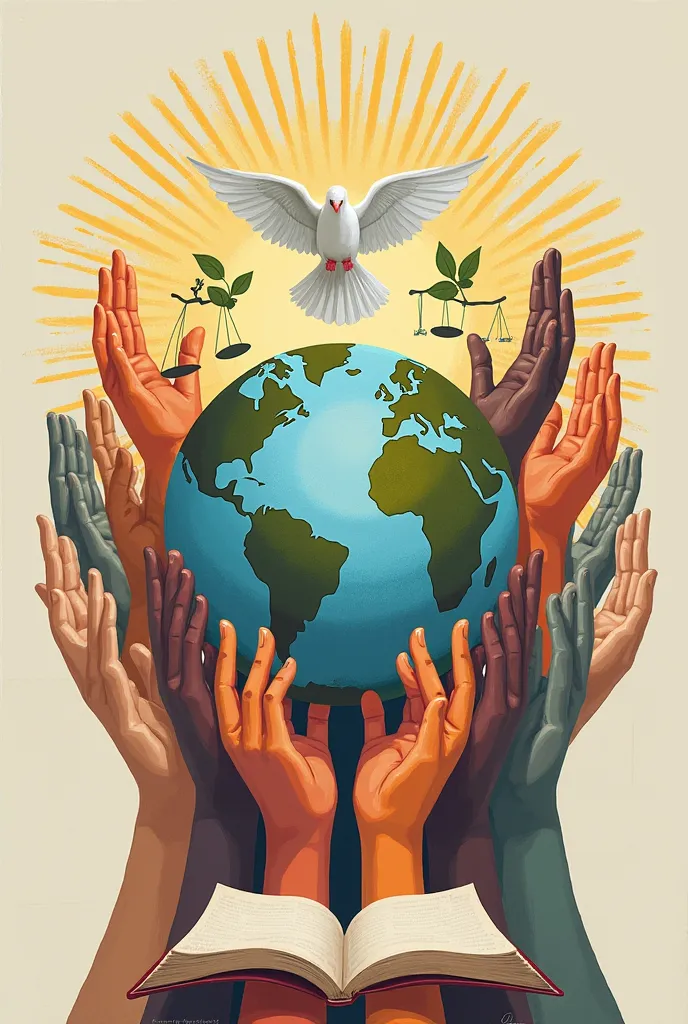 A globe in the center, surrounded by diverse hands of different colors reaching out or holding each other, symbolizing unity, equality, and global solidarity. Above the globe, a dove with an olive branch represents peace. Around the image, you could includ...