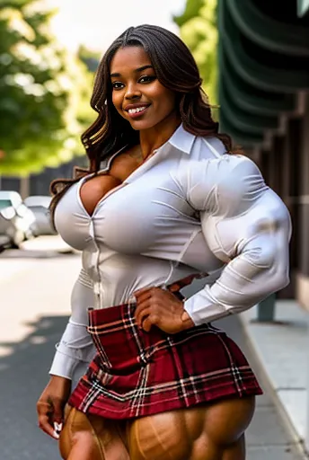 A super realistic full body representation of a highly muscular woman. She resembles a professional bodybuilder with ultra thick, voluminous and well-defined leg muscles and a slim, sculpted waist. Her abdominal muscles are well defined, emphasizing her at...