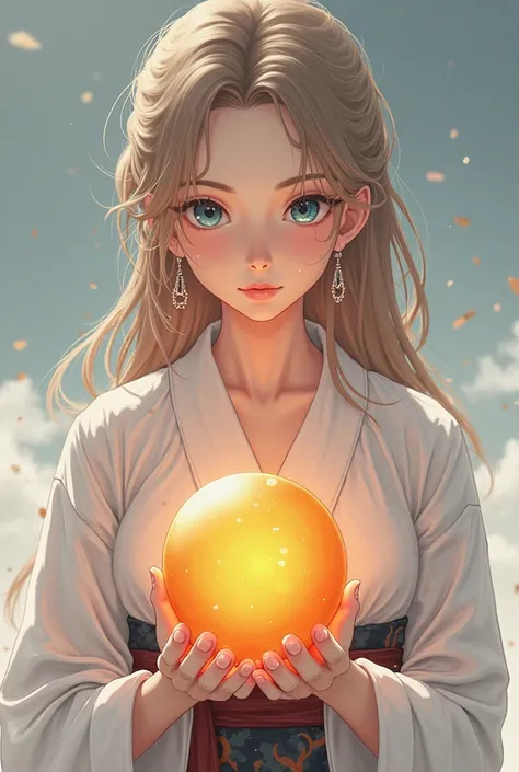 Character with anime traits from the Dragon Ball theme,  18 year old girl, light brown hair, blue eyes and a neutral face, series holding an orange 5-star dragon sphere and a white kimono.