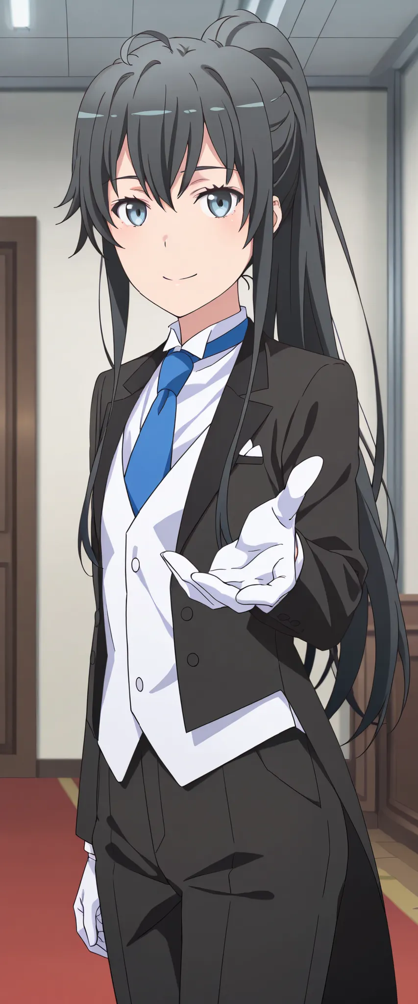 1girl, solo, yukinoshita yukino, suit tuxedo , , ponytail hair, bangs, sidelocks, indoors, standing,happy,smile,looking at viewer, cowboy shot, blue tie woman in formal attractive suit tuxedo tailcoat standing in a large alcove in the room, , reaching towa...