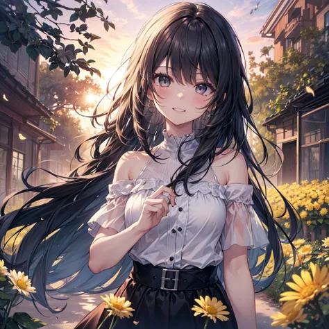 Attention to Details, Pass the dandelion, Dandelion flower field,  teeth, Passing through , wear a black drop shoulder top, white shirt, 
Blowing in the Wind, A place to heal someone, Yellow dots here and there,Move, Best scene, sunlight, Bathed in the sun...