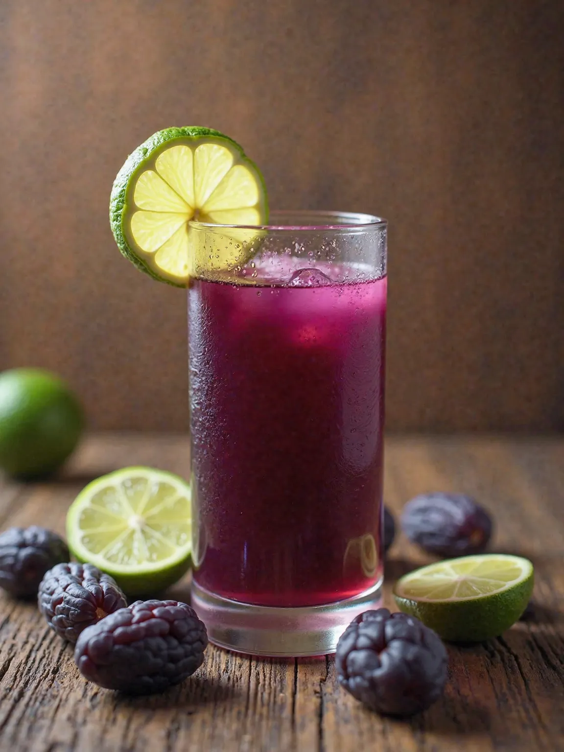 A side view of a glass of prune juice decorated with a slice of lime surrounding with prunes and limes on a wooden table