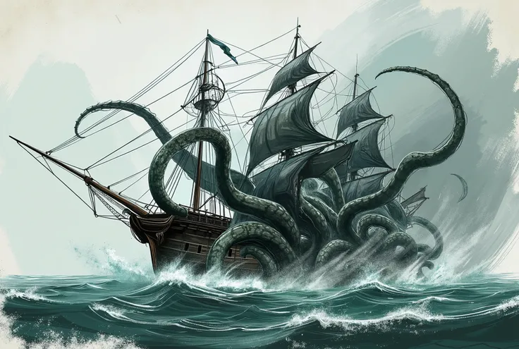 a giant Kraken's tendrils gripping a big ship on the ocean. drawn in sketch illustration style.