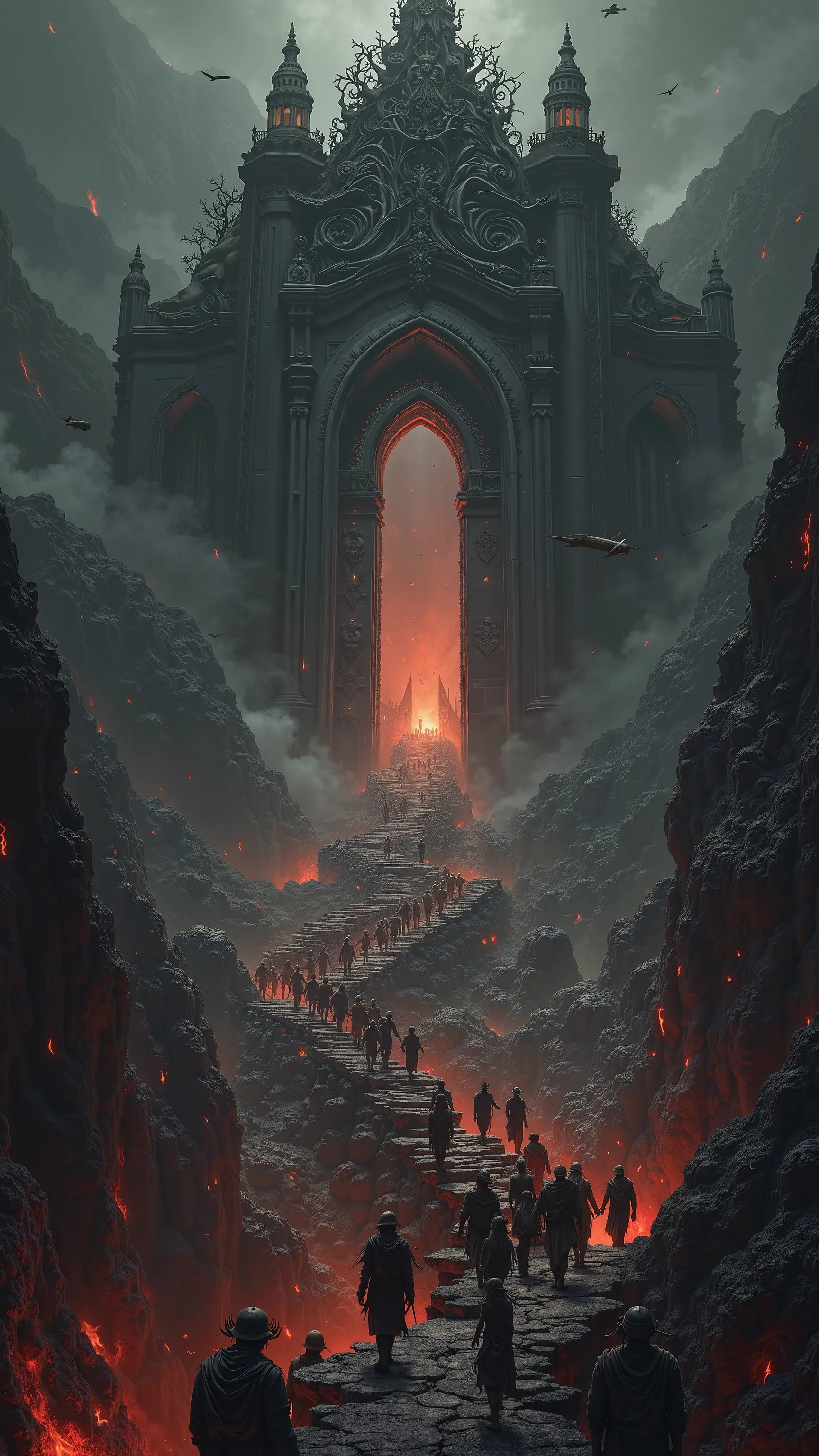 view from above. thousands of people in rags, who walk down a black hell staircase, surrounded by rugged rocks and lava towards a huge black baroque hellgate,