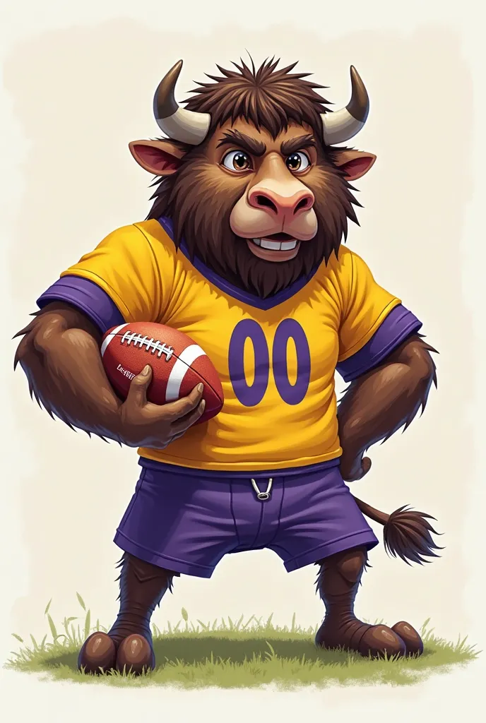 In the style of the cartoon Zubr with a ball for American football, wearing a ZUBRS yellow-purple t-shirt with the number 00,  without background 