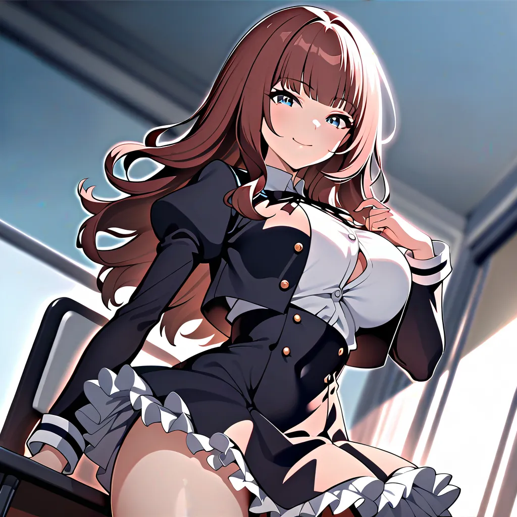  high resolution, masterpiece, Best Quality, animated screenshot, Kaede Joan Nouvel, Brown hair, large breasts, 1girl, Lori, sensual body, smile, Her cheeks flushed, looking at viewer, (break yurigaoka girls academy school uniform, White shirt, Cropped jac...