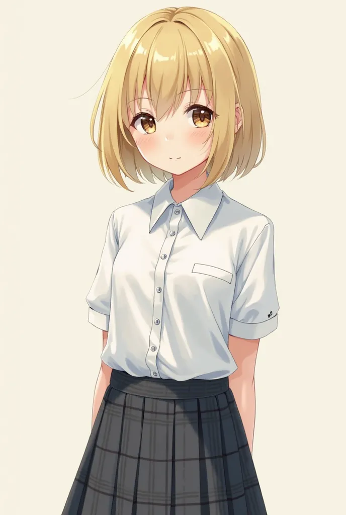 A age schoolgirl in her uniform and short plaid skirt and short blonde hair, who is seeing the spectator from the front 