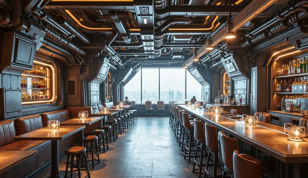 A cutting-edge sci-fi café designed to resemble the inner workings of a high-tech robotic exosuit. The walls and ceilings are crafted from sleek composite metal, resembling the protective shell of a combat mech. Hydraulic supports and articulated metal bea...