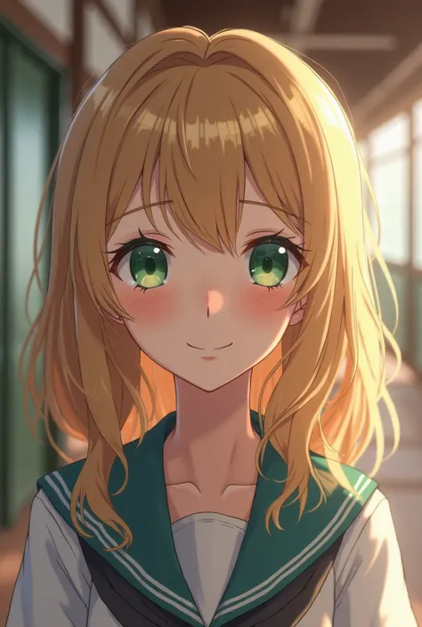 A 16-year-old girl with sandy blonde long slightly wavy hair, green eyes, slightly upturned nose and plump lips in a hall in a Japanese school uniform with a little playful smirk.