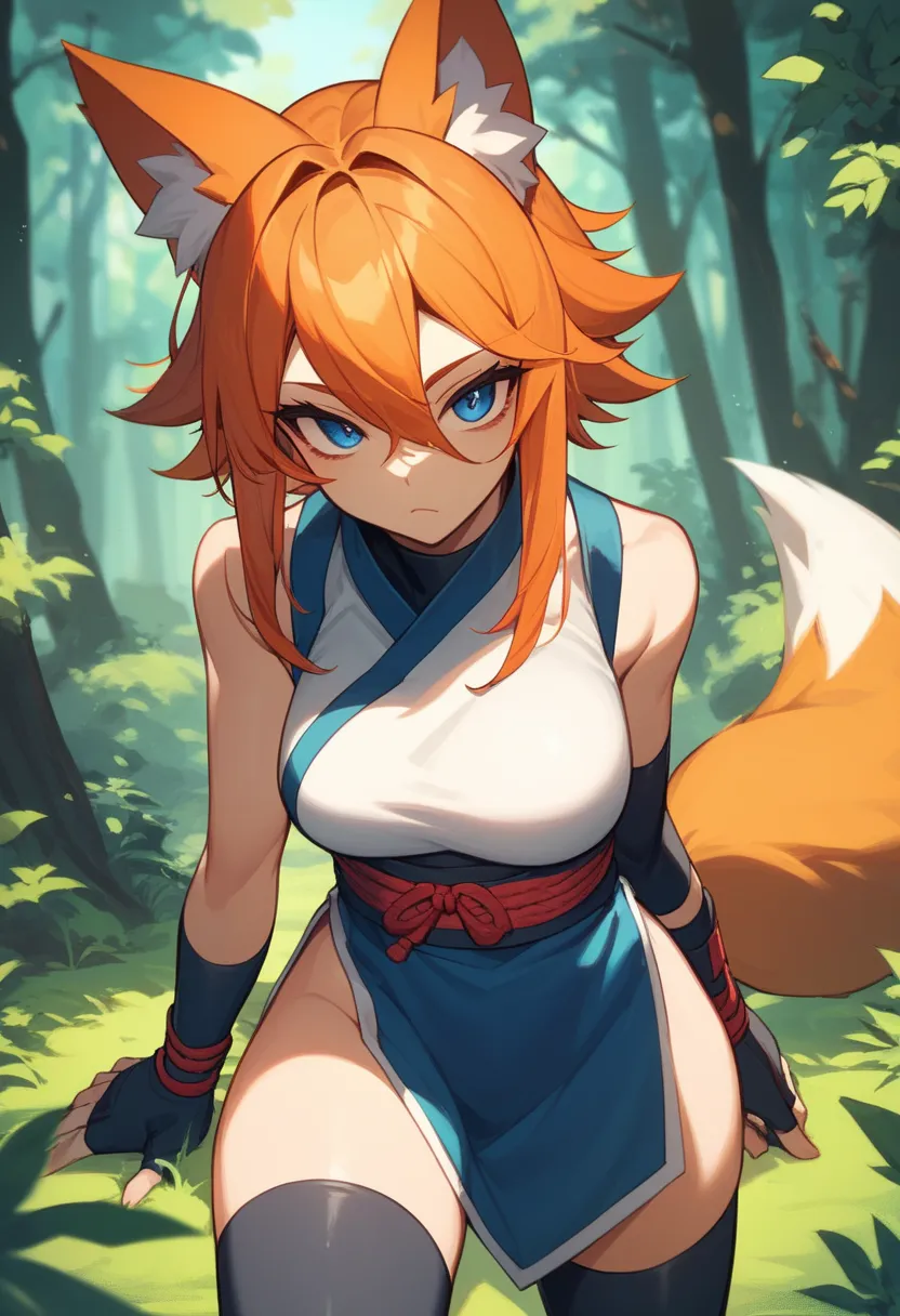 (masterpiece:1.2, best quality:1.2) expressive eyes, perfect face, 22 years old girl, fox ears, fox tail,sexy ninja clothes, ((Orange hair)), (Dark Orange hair), blue eyes, forest on background