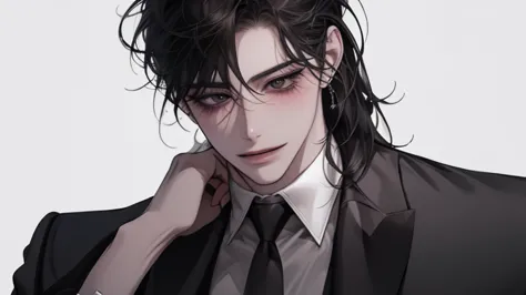 male, solo, adult, pale_skin, fair_skin, muscular, tall,black hair, No decoration, (mullet), loose shirt, (Three-Piece gray Suit), black eyes, tsurime, slanted_eyes, formal_gray dress, illustration, upper_body, front view, white_background, smile, light_bl...