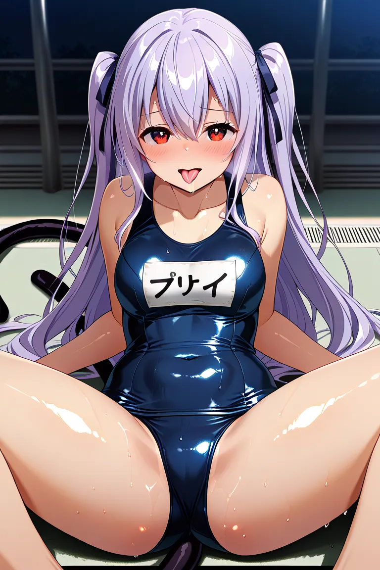 Best Quality, Hi-Res, 超Hi-Res,   perfect piXels , 4K, Hi-Res,belly button, Highly Detailed CG Unity 8K Wallpaper, (shiny hair:1.2), ( shiny skin:1.5) , SWEATY BODY,stick out your tongue,with a puzzling expression,Inviting pose, small tits,school swimsuit,p...