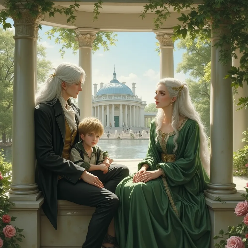 The Beautiful Swallow. girl with long white hair,beautiful .  The Man with Long White Hair, European view of the stands ,  beautiful girl,  beautiful skin,beautiful body,green eyes,, a man with long white hair is talking in a marble gazebo,young son and mo...