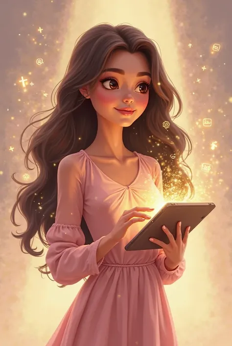 A woman with long wavy dark brown hair and expressive eyes, wearing a modest and elegant pink dress, with delicate sleeves and flowing fabric. She holds a tablet in one hand and,  with the other , softly touch the screen, as if creating something digital. ...