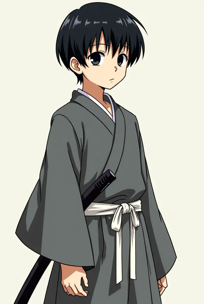 Make it anime style: a boy with short, straight black hair with fringe over his shoulders and black eyes. wears a long gray tunic that covered his body up to the ankles, with wide sleeves and a high collar that concealed her neck. This garment was compleme...