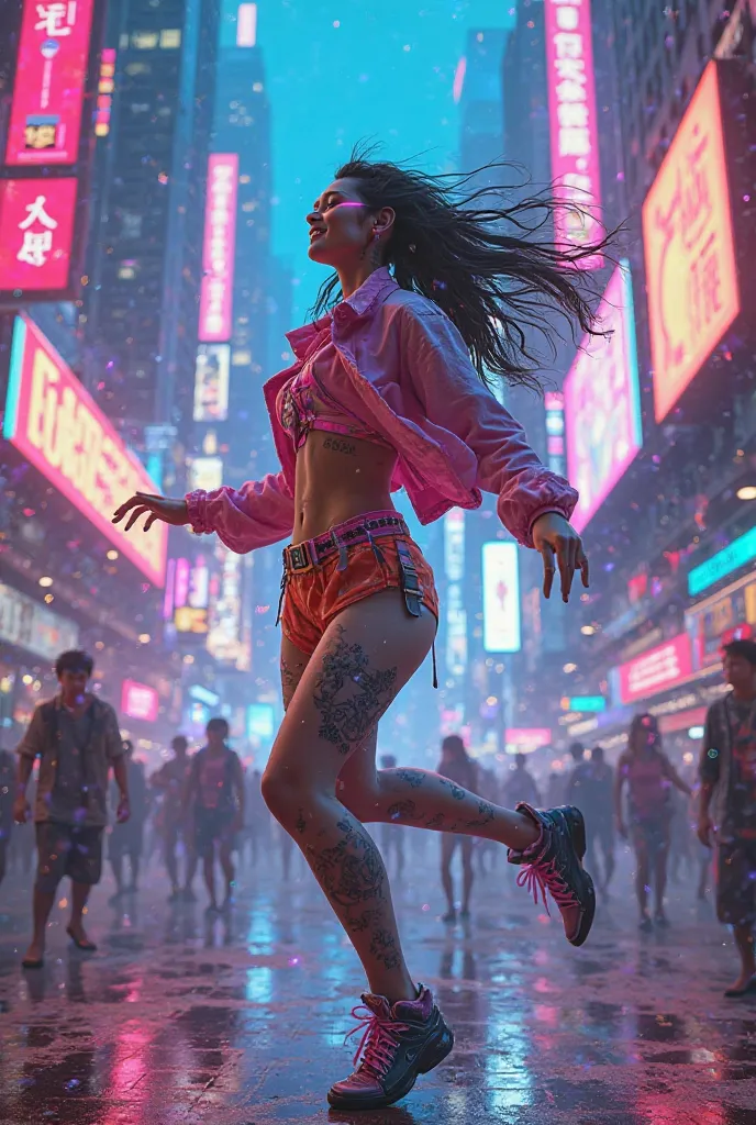 Cyberpunk girl dancing while having fun. 