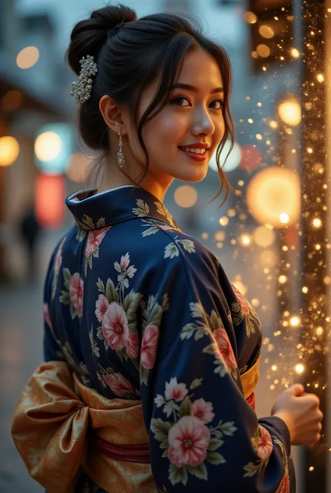 Enhance the image、 hairpin with a diamond、She alone、Back to back、8 o'clock at night, glittering city lights、Gold Dustが多く舞散る、Ancient Japanese kimono、The color of the kimono with the detailed flower pattern is blue、silk、 hairstyle is upstyled、 smiling face w...