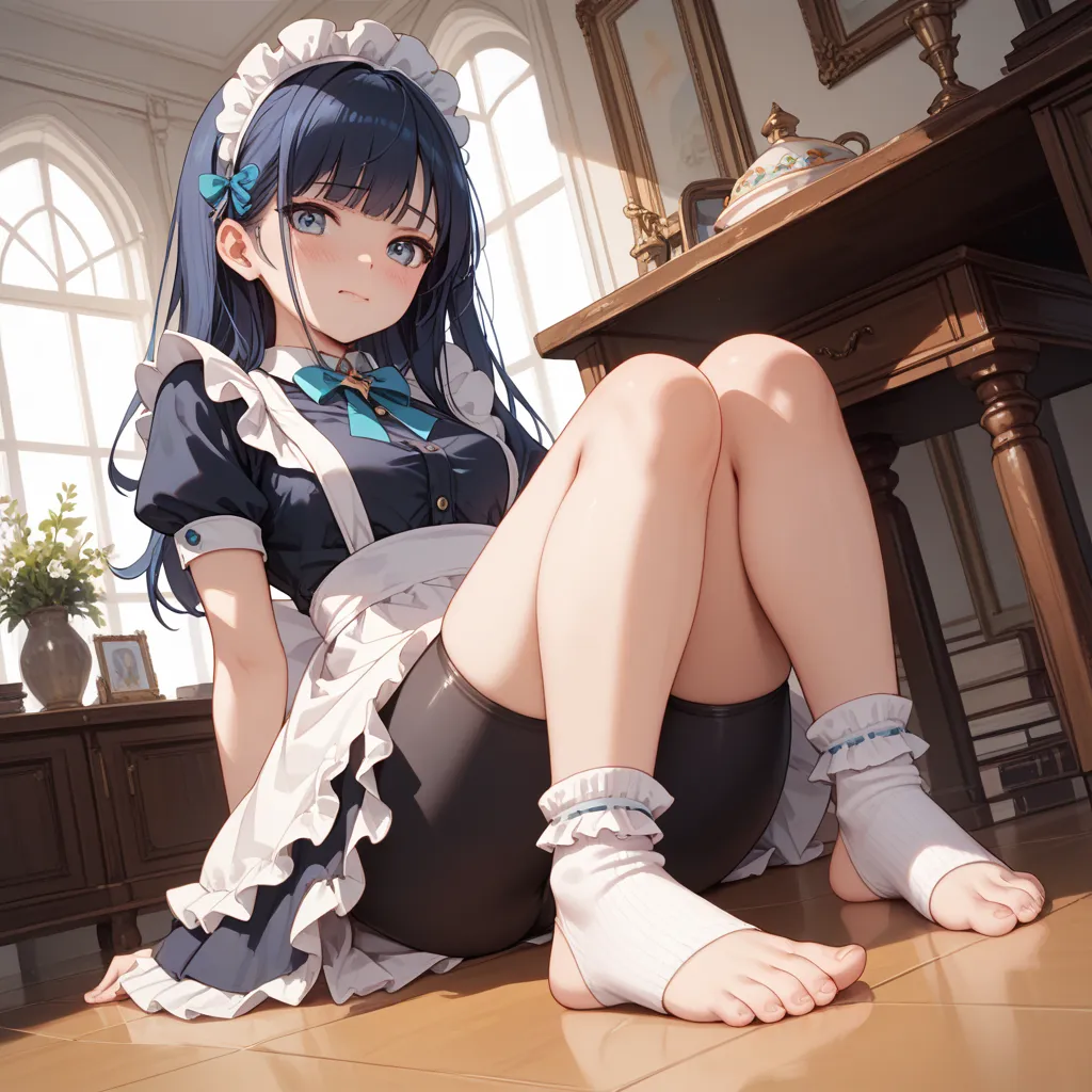 1 girl、Maid、is sitting、frill socks、 from below、 Ashikiri、is embarrassing、bike shorts、 puffy lips、Toeless Legwear、cross race legwear、masterpiece、Best Quality、nsfw、mosaic