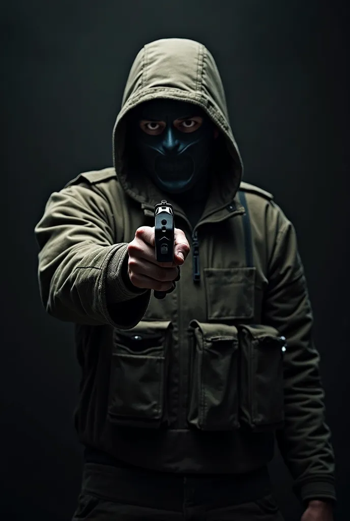 Make a masked soldier pointing a pistol in the camera (no background) (dark background) 