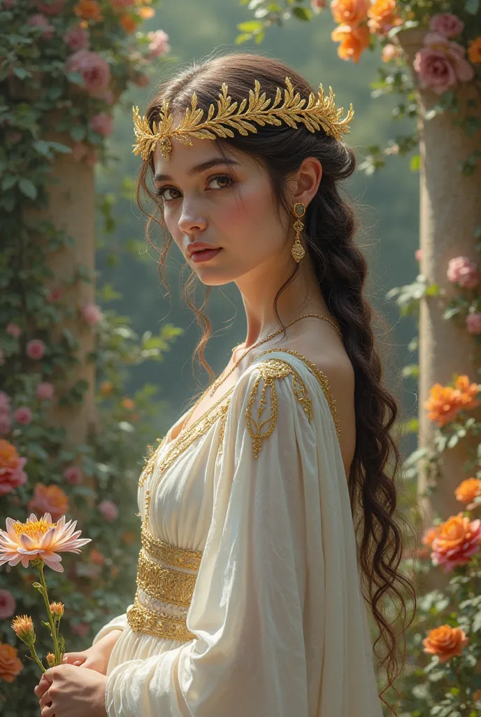 Generate a valyrian girl , with a gold head peace similar to the leaf like ones of the greek , she also wears a white gown if Mediterranean style and stands in a beautiful multi coloured flower garden