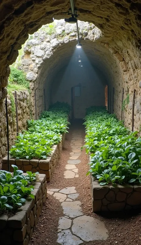 An underground, climate-controlled farm with hydroponic systems growing fresh vegetables and medicinal herbs. Raised stone beds hold crops, and artificial lights simulate daylight. Water is piped from the fortress spring. Secure fencing surrounds the entra...