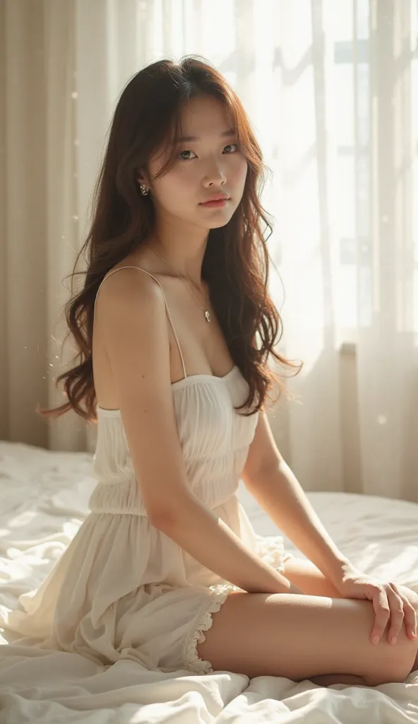 photorealistic on the bed，Ultra High Precision，Best Quality，best quality，8k，RAW photo，very detailed，Ultra High Resolution，(amazingly cute Japanese real girl)，full body，facing forward， bright sunlight pouring in，backlight，white simple micro dress，
1 man　You...