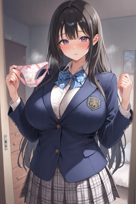 Beautiful Girl、high school girl、blush、blazer uniform、 Gingham Check Pleated Skirt、big breasts outdoors at night、 girly room、chest of drawers、chest of drawersの引き出しが開いている、chest of drawersの中には下着、panties in hand、holding panties with both hands、steam from panti...