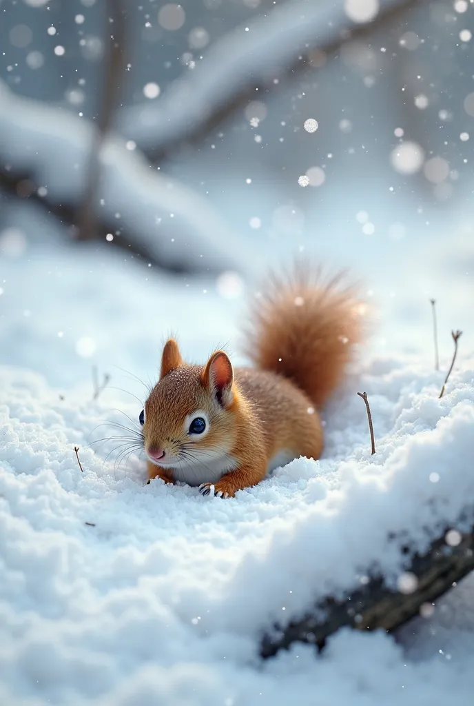 The small squirrel lying motionless in the snow, breathing weakly, eyes half-closed, tail slightly curled, near the fallen branch, surrounded by untouched snow, digital illustration, cinematic angle.