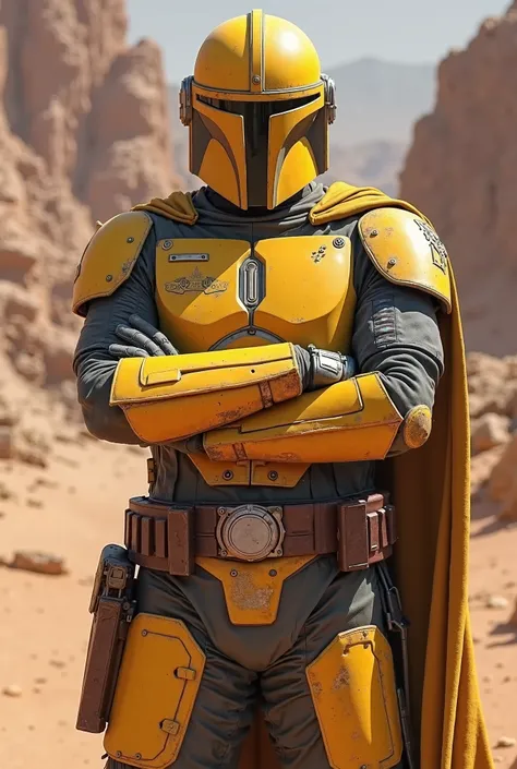 yellow mandalorian both arms folding