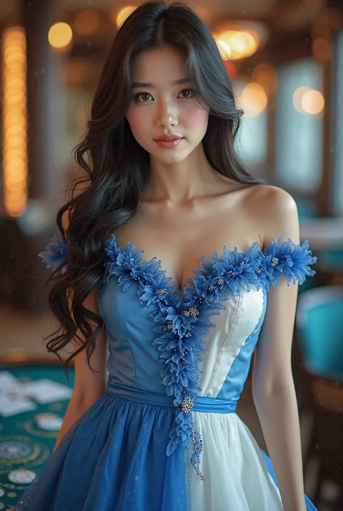 Casino korean girl with big boobs ,long hair ,white skin ，big eyes , standing and look at me , beautiful model and is all body photo see whole body ，wear blue + white casino dress，clear original photo