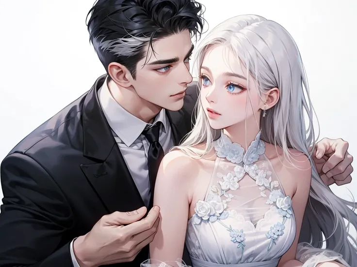  A couple, Close-up angle,handsome black haired man wearing a suit, sculpted body, white skin, beautiful white haired blue eyed woman wearing a modern white dress, beautiful girl, intimate couple, white background, hd