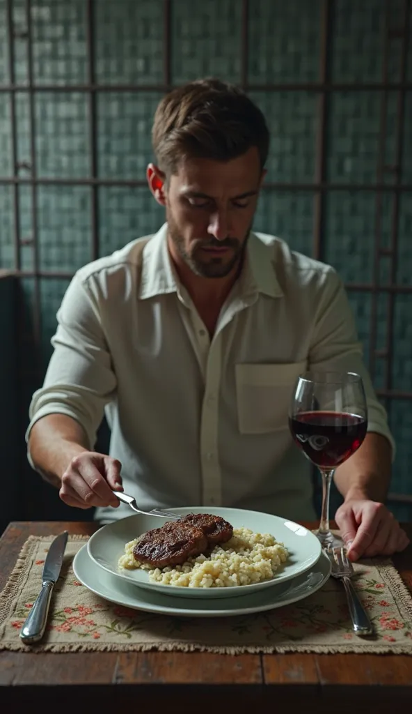  ultra-realista em throw (first person falls) of a male inmate, Alone,  sitting at a small decorated table, Inside the cell , with a plate of filet, white rice and mashed potatoes and the plate next to it a glass of red wine.  The image must be of the pris...