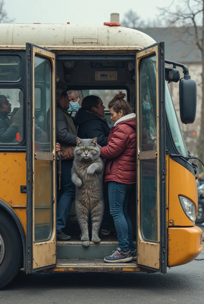 Bus with people. Bus has open doors. In the bus are big gray cats, which kick out people. Cats stand on two legs. Cats stay in door. People want to stay in the bus, but cats are stronger the people. People hold doors in the bus. Cats are as big as doors. P...